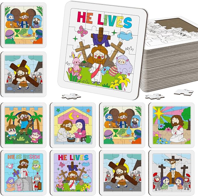 Cinrobiye 24 Pcs Christian Easter Coloring Jigsaw Craft Kit for Kids, DIY He is Risen Activity Set with 8 Designs, Religious Party Favors, Sunday School Classroom Art Projects