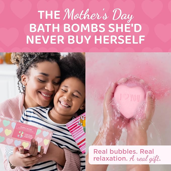 Heart Bath Bombs for Women, Girls & Teens (3 Pack) - Relaxing Bubble Bath and Spa Essential - Gift for Her with Strawberry, Lemon + Fruit Scents, Handmade in USA by Two Sisters