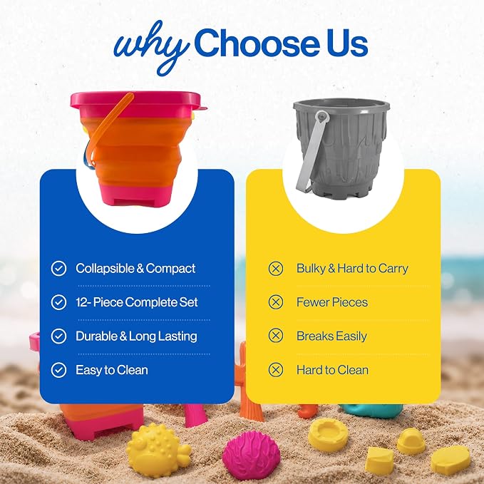 Beach Toys for Kids, 12-Piece Foldable Sand Toy Set, Silicone Beach Bucket, Sand Toys for Toddlers Ages 2-8, Beach Bucket and Shovel Set, Outdoor Beach and Sandbox Toys (Pink Set)