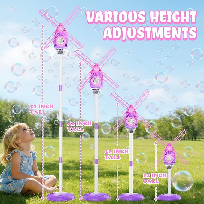 Belemar Windmill Bubble Machine for Kids, Summer Pool Party Bubble Blower with Lights & Music, 51" Adjustable Height, 130ml Tank, Bubble Solution Included, Outdoor Toy for Parties & Birthdays