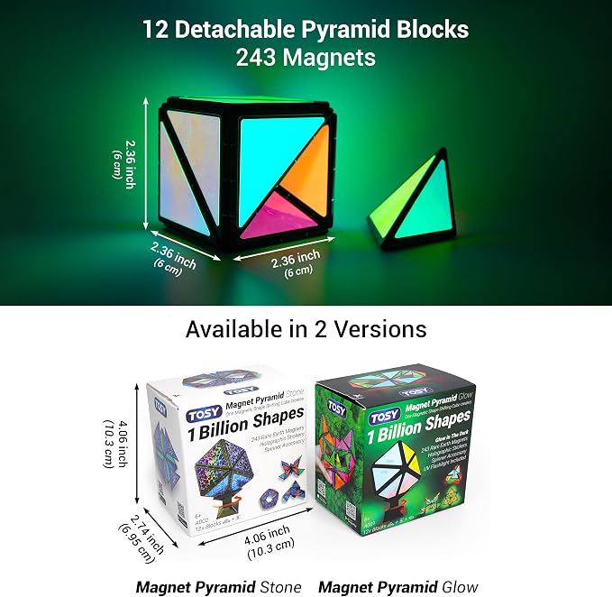 TOSY Magnet Pyramid Stone - 1 Cube Transforms into 1 Billion Shapes (Bunny, Egg, Flowers, Heart), Easter Basket Stuffers Gift, 12 pcs, 243 Magnets, Holographic Design, Puzzle/STEM Toy, 3-Pack