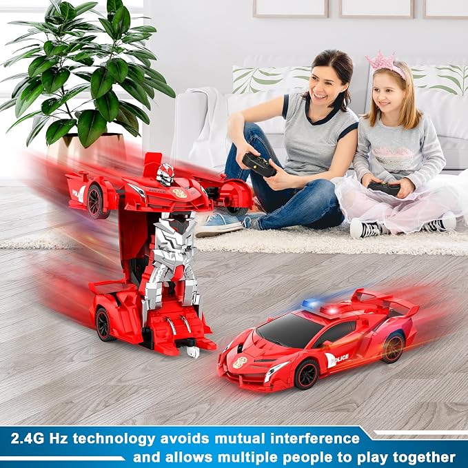 FDJ Transform Remote Control Car Robot, One Button Deformation to Robot with Flashing Light, 2.4Ghz 1:18 Scale Transforming Police Car Kids Toys with 360 Degree Rotating Drifting, Toys for Boys Girls