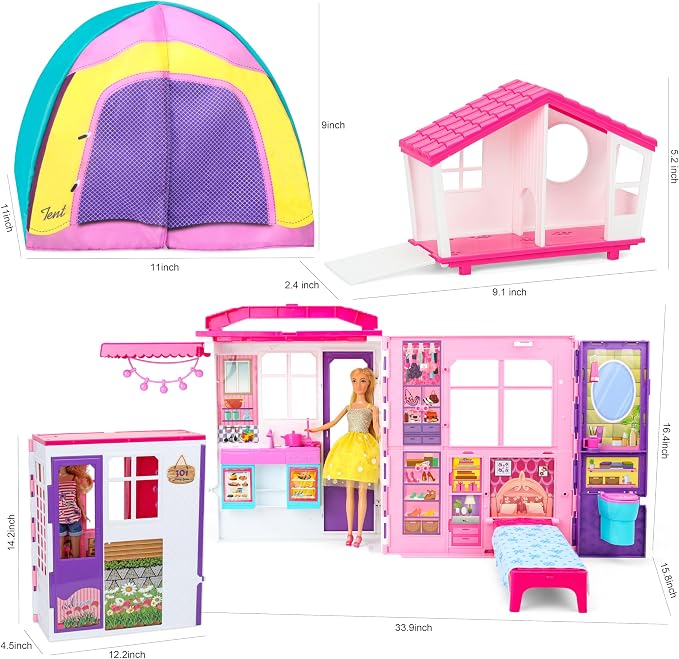 Style Shine Doll House Portable & Foldable Dollhouse w/ 60+ Pcs & 2 Dolls, Play House Toy with Bedroom Kitchen Pet House Camping Playset, Playhouse Gift for Girl Kid Toddler