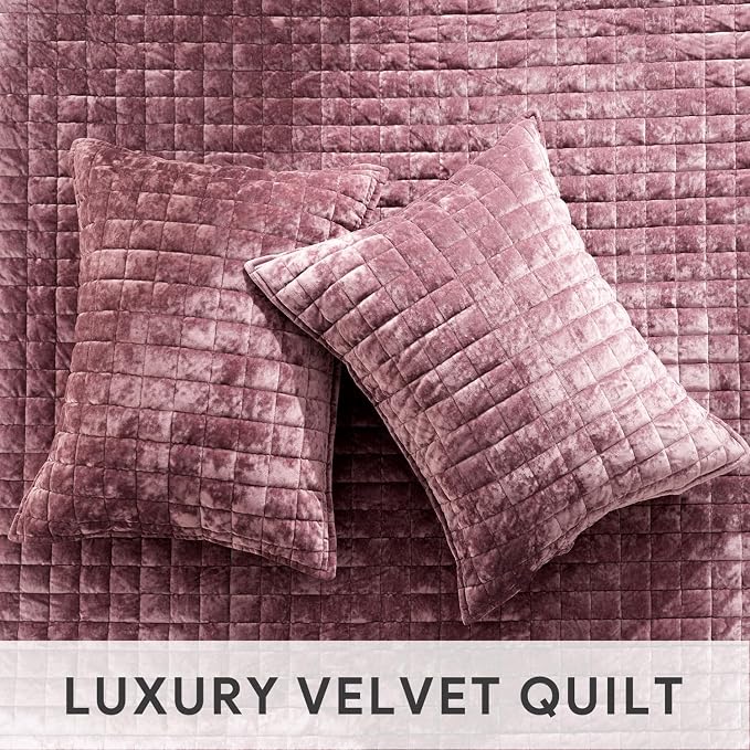 RECYCO Luxury Velvet Quilt Set Full Queen Size, Lightweight Velvet Comforter Set, Oversized Bedspread Coverlet Quilted Bedding Set, with 2 Matching Pillow Shams, for All Season, Dusty Mauve Pink