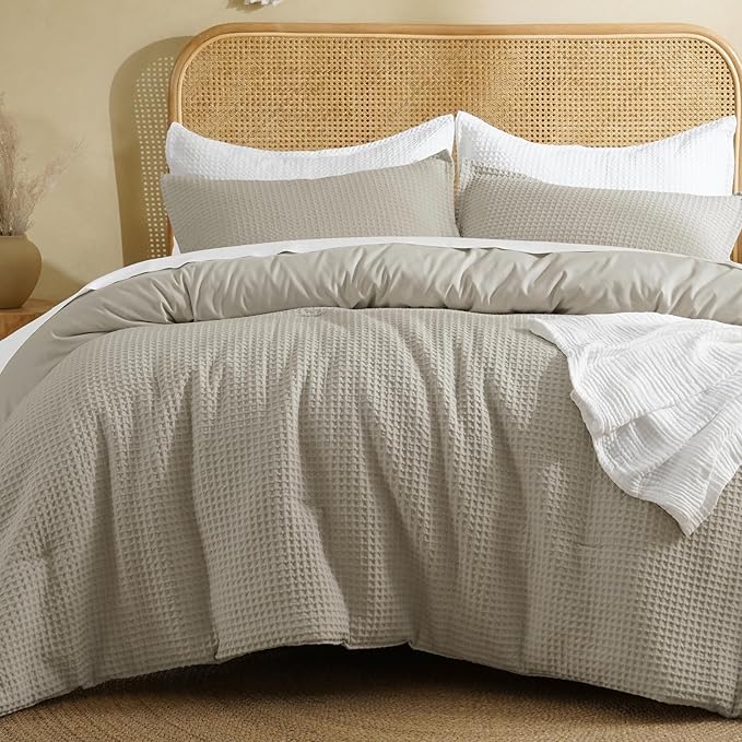 David's Home Waffle Weave Comforter Set 3PCS King Size, Soft Breathable Lightweight Cozy Skin-Friendly Warm for All Season, Elegant Aesthetic Home Decor Bedding Set with Pillow Shams, Taupe