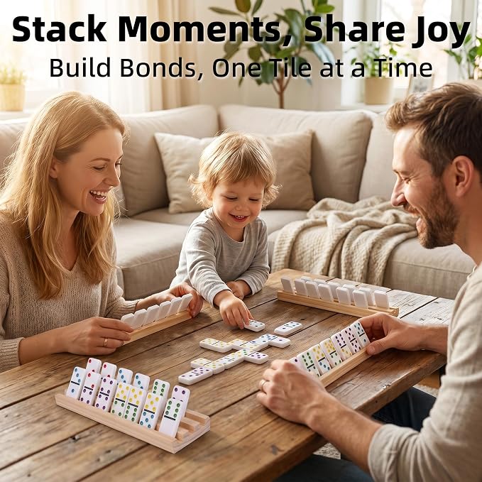 Mexican Train Dominoes Set Double 12 Dot Domino Tiles, 91 Tiles with 8 Wooden Racks, Hub & Trains, Portable Domino Game Set for Adults Kids Families