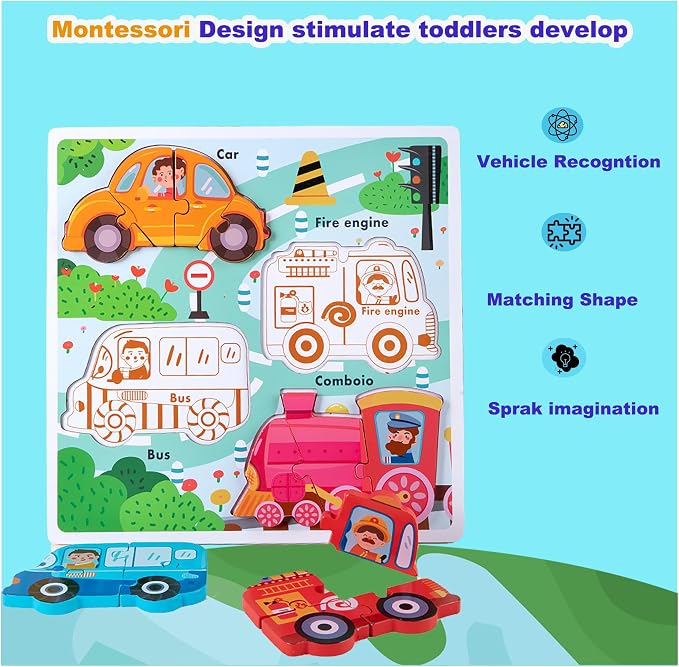 Jumbo Base Wooden Blocks Puzzles for Toddlers 1-3 ，Educational Toys for 2-3 Years Old,Toddler Montessori Gifts Vehicle Car Truck Puzzles Ages 2-4