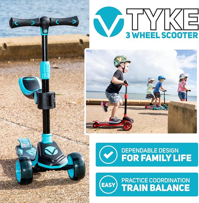 Vital Tyke 3 Wheel Toddler Scooter | LED Wheels, Foldable, Tool-Free Adjustable Handlebar & Removable Seat Scooters for Kids 3-5 and kick Scooters for Kids 5-7 up to 110lbs