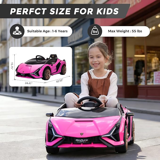 Licensed Lamborghini SIAN Kids Electric Ride On Car by TOBBI, Toddler 12V Battery Powered 4 Wheeler Driving Vehicle Toy with Remote Control/Safety Belt/Horn & LED Lights for Children Age 1-6-Pink