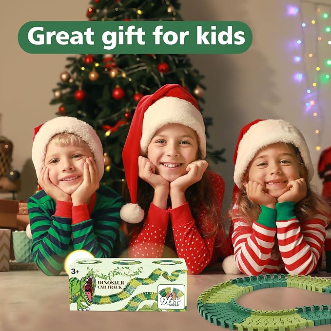 GIAT 96 Pcs Dinosaur Car Track Expansion Kit – Birthday Gift for Boys & Kids Ages 3 4 5 6 7, Compatible with Most Dino Flexible Tracks, Add-On Accessory Toy for Building Dinosaur Raceway