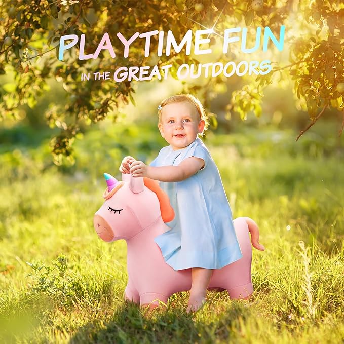 Bouncy Hopper Horse Unicorn Toys, Inflatable Bouncing Animal Hopping Toys, Outdoor Indoor Ride on Bouncer, Boys Girls Birthday Gift for 18 Month 2 3 4 5 6 Year Old Kid- Plush Unicorn Toy