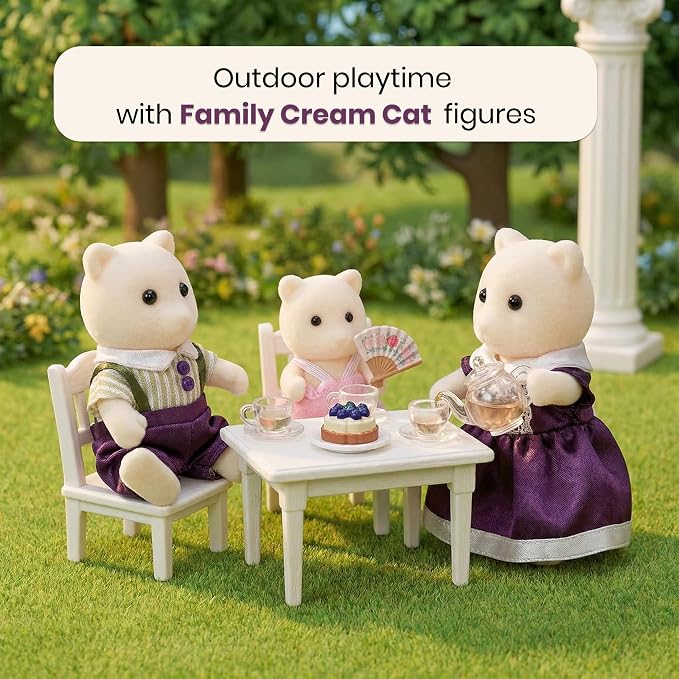 Family Cream Cat Figures — Set of 3 Collectible Flocked Mini Dolls with Removable Clothes, Dollhouse Pretend Play Set for Kids Ages 3+