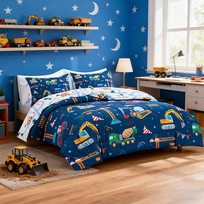 Holawakaka Trucks Tractors Cars Boy Bedding Comforter Set with Sheets, Full Size Cartoon Construction Car Excavator Print Kids Bed in A Bag 5-Piece, Boys Reversible Dorm Bed Sets (Navy Blue Full)