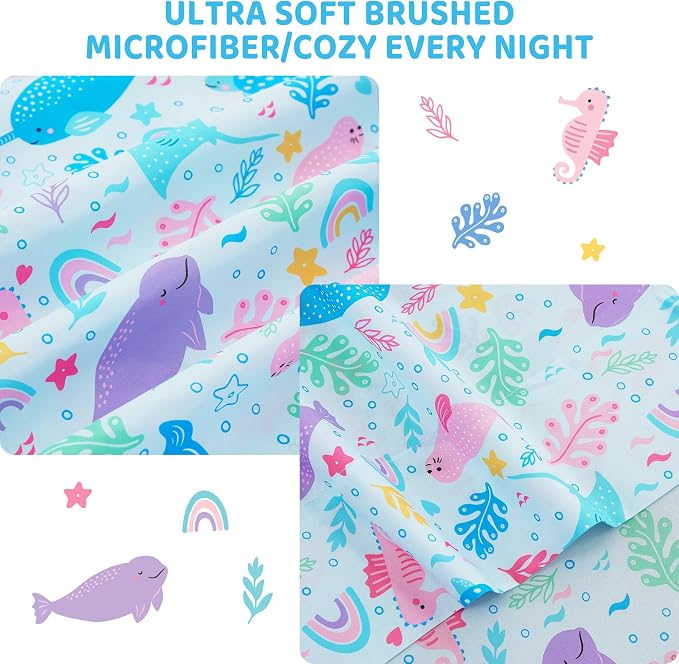 Viviland 3 Pieces Girls Blue Marine Twin Sheet Set - Soft Microfiber Fitted Flat Sheets & Pillowcase Bed Sheet Set - Colorful Marine Animals Print Bedding Sets for Kids