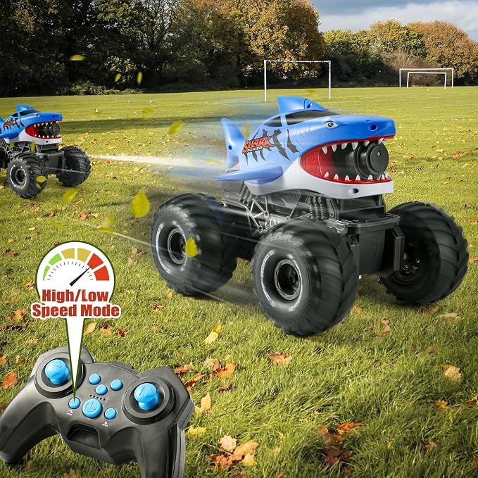 BOBXIN Amphibious Remote Control Shark Monster Truck Squirt Water,4WD All-Terrain Off-Road 2.4Ghz Waterproof RC Car Pool Water Toys for Kids Age 6+ Blue