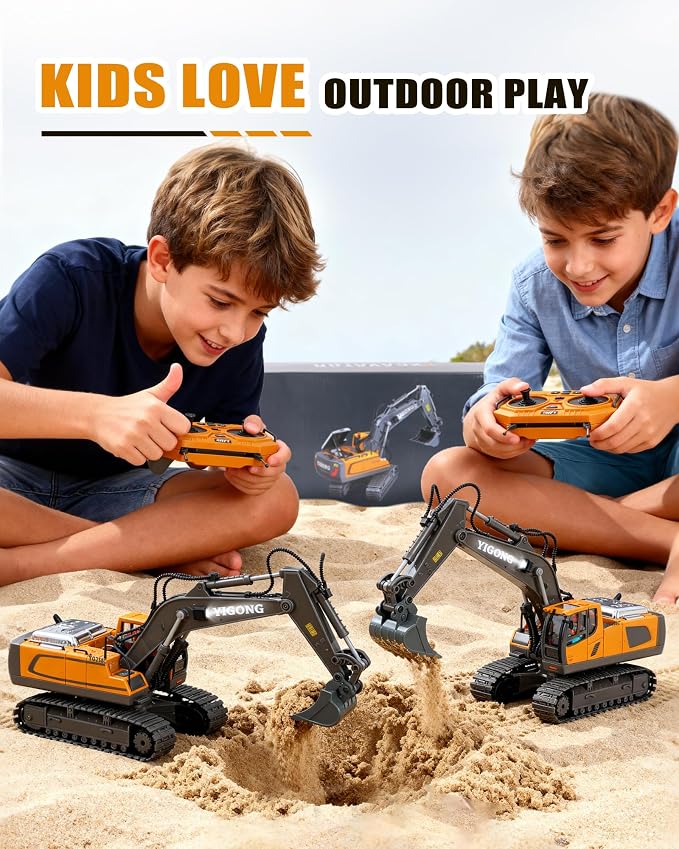 HuiJuKeJi 11-Channel Remote Control Excavator Toy, Rechargeable 2.4 GHz RC Construction Vehicle for Kids, 680° Rotation | Metal Shovel | Lights & Sounds, for Boys Ages 6-12