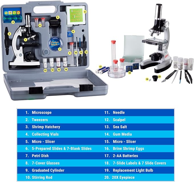 AmScope 1200X 52-pcs Kids Student Beginner Microscope Kit with Slides, LED Light, Storage Box and Book The World of the Microscope