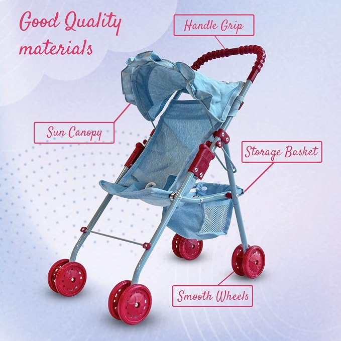 My First Baby Doll Stroller for Toddlers 3 Year Old Girls, Little Kids | Folding Baby Stroller for Dolls, Toy Stroller for Baby Dolls with Bottom Storage Basket, Foldable Frame, Canopy, Seatbelt
