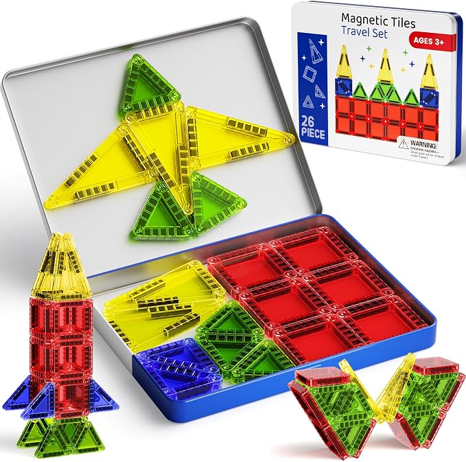 Mini Magnetic Tiles Travel Set, 26PCS Compact Magnetic Building Blocks for Kids Ages 4-8 & Toddlers 1-3