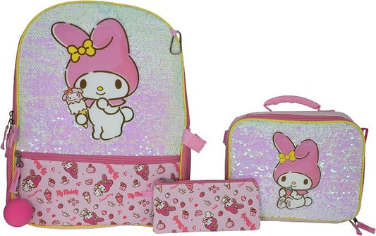 AI ACCESSORY INNOVATIONS Hello Kitty My Melody 5 Piece Backpack Set, Kawaii Flip Sequin Anime School Bag for Girls with Zip Front Pocket, Pink