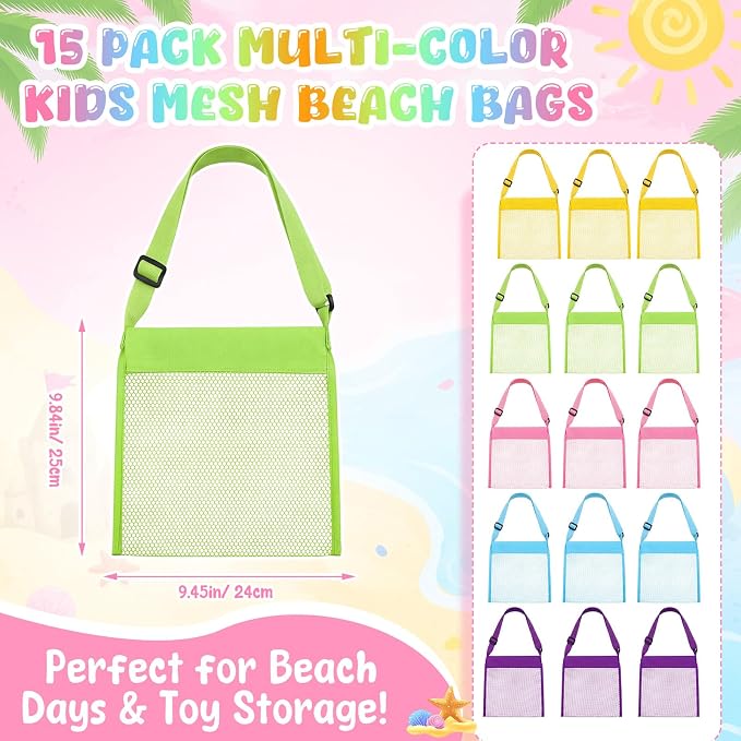 Frienda 15 Pack Mesh Beach Tote Bag, Seashell Bags, Bag Toys Organizer for Holding Beach Children' Toys Market Picnic (9.45 x 9.84 Inch,5 Colors)