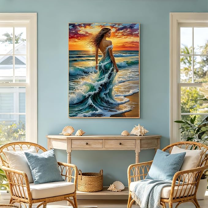 Ocean Wave Woman Diamond Painting Kit for Adults, Fantasy Beach Sunset Lady, 5D Full Round Drill Diamond Art Beginners Canvas for Home Wall Decor, DIY Paint by Diamonds Dot Gem Craft12x16 Inch