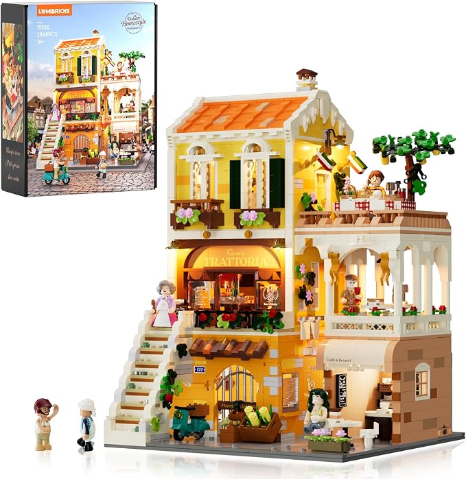 Lumibricks Italian Homestyle Restaurant Lighting Building-Bricks Set – City Town Modular Italian Trattoria & Café LED Light Building Kit 2868 Pcs Construction Set for Adults and Teens