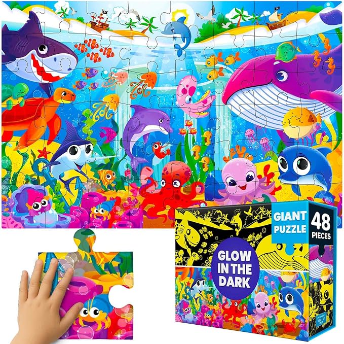 QUOKKA Giant Floor Puzzles for Kids Ages 4-6 – 2x3 Ft Glow in the Dark Jumbo Jigsaw Puzzles for Kids Ages 3-5 – 48 Large Pieces MaDeep Ocean Adventure Scene for 4-8 yo – Toy with Gift Box for Toddlers