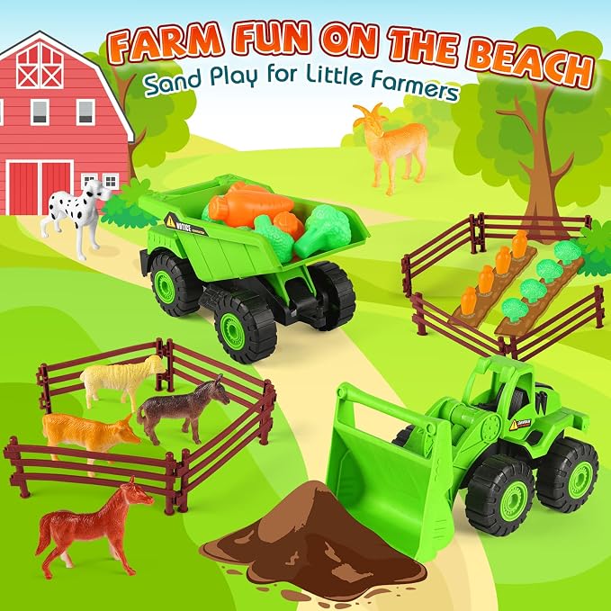 FHOZGECY Beach Sand Toys, 2 Trucks, 2 Collapsible Buckets, Sand Molds, Farm Animals, Upgrade Tools, Mesh Bag, Indoor Outdoor Play Set for Kids Ages 3-12, Multi‑Scene Play for Summer Travel Beach Games