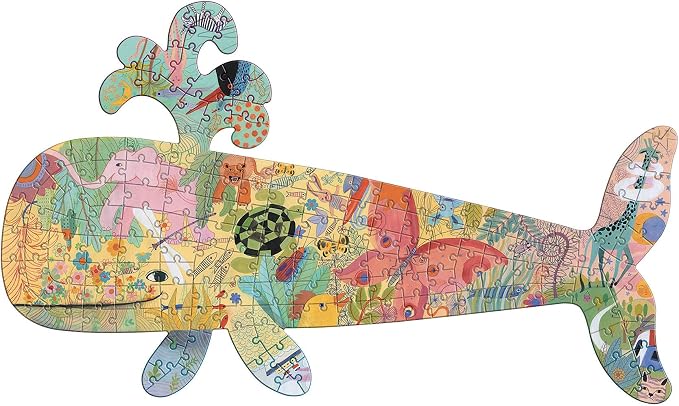 DJECO 150 Piece Shaped Jigsaw Puzzle w/Poster - Challenging Activity for Home, School or Gifts - Fun & Creative for Family & Friends, Educational Ocean Puzzle for Kids 6+ - Whale