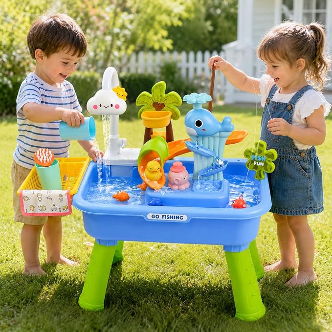 2026 Upgraded Toddler Sand Water Table Toy with Electric Water Pump, Kids Sand Water with Faucet/Play Food Accessories/Fishing Toy, Kitchen Play Sink Toys for Girl Boy Age 3+ (Blue)