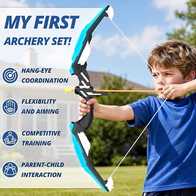 HYES Bow and Arrow for Kids, LED Light Up Archery Set with 12 Suction Cup Arrows, 1 Standing Target, 3 Score Targets & 1 Quiver, Indoor Outdoor Sport Gifts for Boys Girls Ages 4-12, Blue
