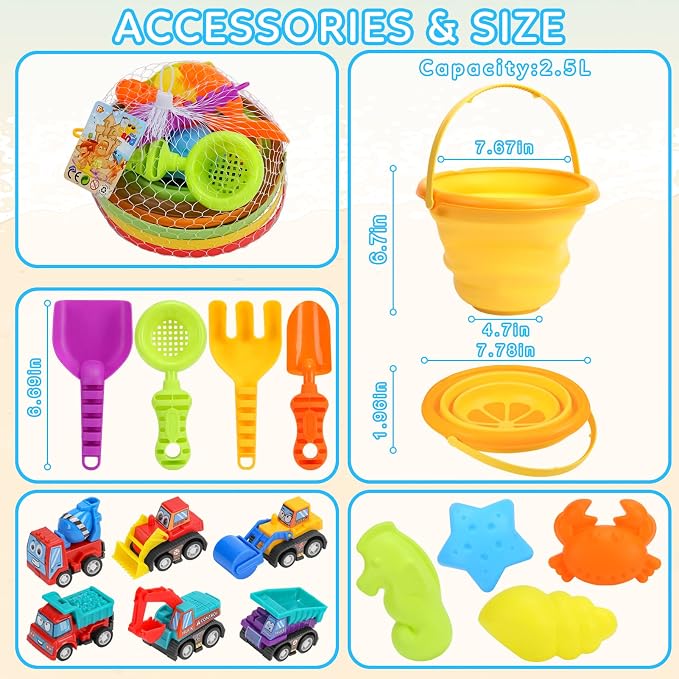 Beach Sand Toys Set for Kids, Silicone Collapsible Foldable Beach Bucket Travel Beach Toys for Summer Outdoor Camping and Fishing Tub with Sand Molds Shovels Rakes for Toddlers Boys Girls 2.5L 3PCS