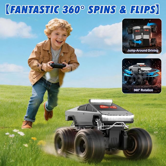 Qrytoi 1:18 Amphibious Remote Control Car with LED Light Eyes, 2.4GHz 360° Rotatable Remote Control Car, Waterproof Monster Truck Toys, Kids Toy Gift for Boys Girls Age 6 7 8 9 10 11 12+