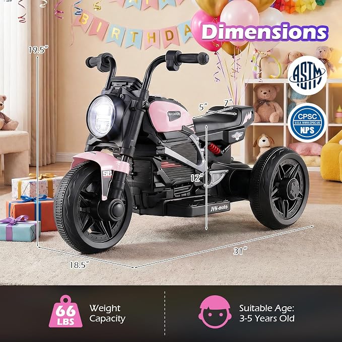 Costzon Toddler Motorcycle, 6V Chopper Kids Motorcycle Ride On Toy with LED Headlight, Music, Story, 3-Wheel Stable Electric Motorbike for Toddlers Boys Girls (Pink, 31" x 18.5" x 19.5"(L x W x H))