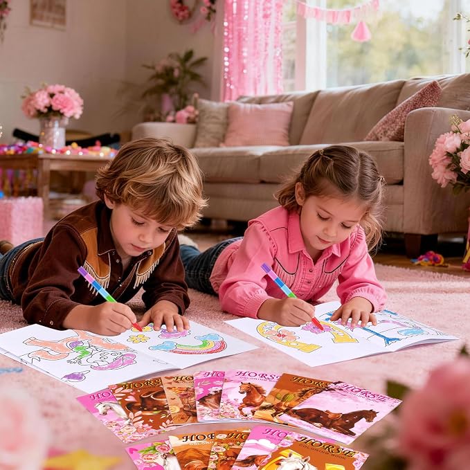 BenLouis 24 Pcs Horse Floral Mini Coloring Books Kids Cowgirl Party Favors Small Activity Books Bulk for Kids Girls Horse Racing Flower Goodie Bags Stuffers Return Gifts Classroom Travel