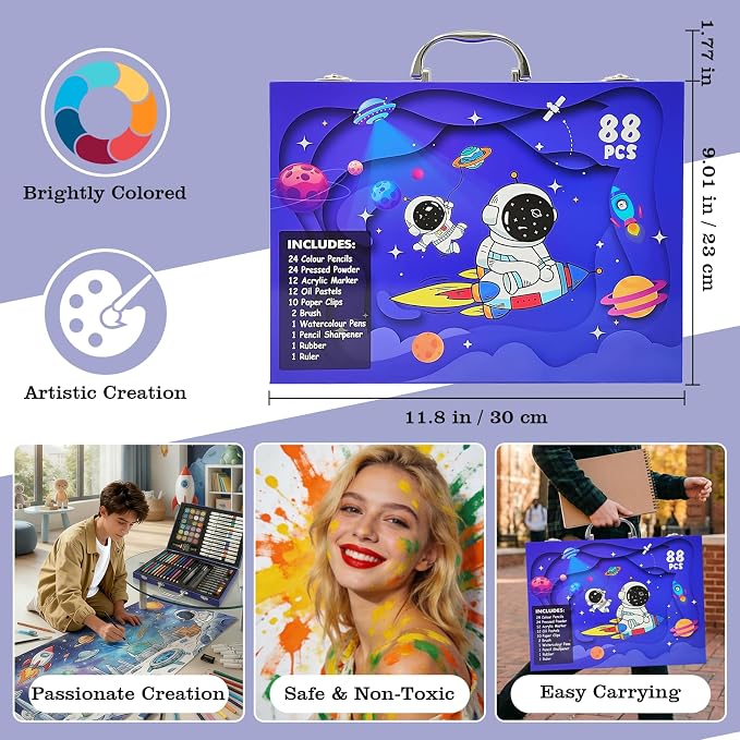 88Pcs Astronaut Markers Set, Drawing Set For Artist, Portable Art Case, Color Pencils, Pressed Powder, Acrylic Marker, Oil Pastels with Case ect