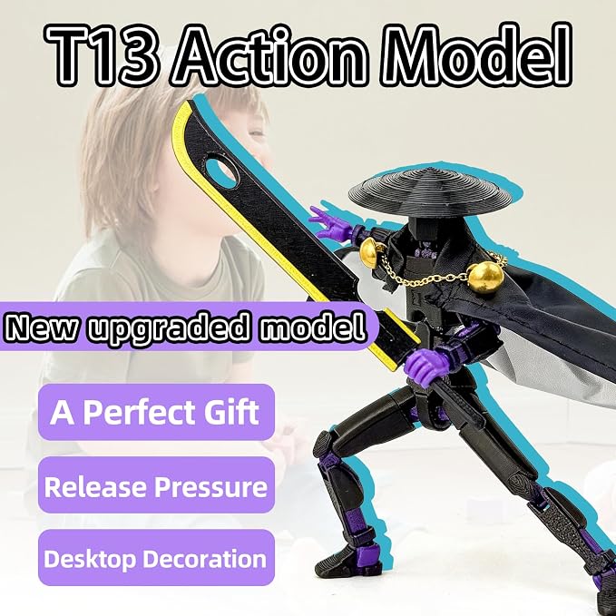 T13 Assembly Completed Action Figures,T-13 Action Figure, Robo 13 3D Printed Action Figure - The Ultimate Hero for Action-Packed Playtime,5.2 Inch, Black Purple