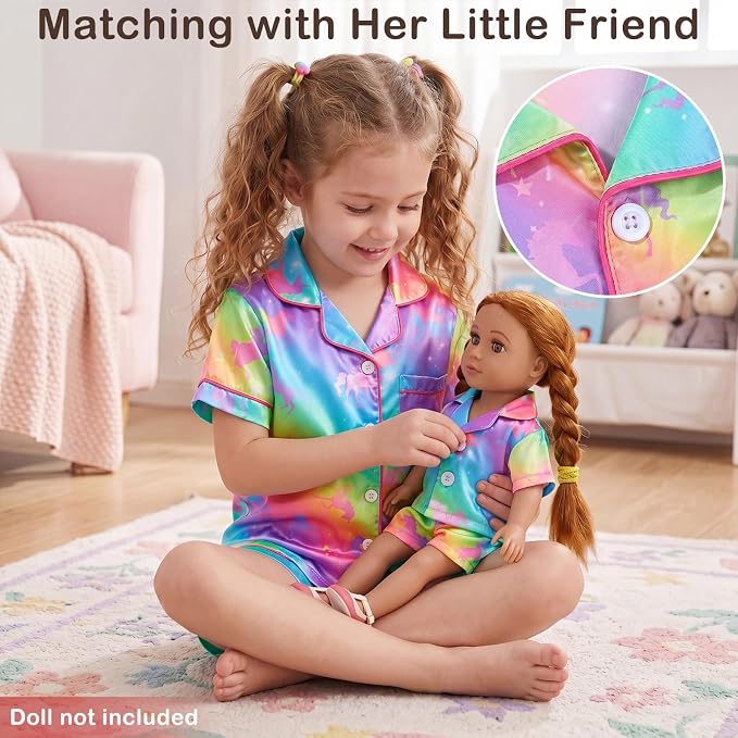 FIOBEE Girls Satin Pajamas Doll Matching Clothes, Stain Button Down Pjs Set Fits 18 Inch Dolls Soft Silky Toddler Kids Sleepwear