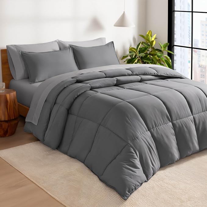 Bare Home Bed-in-A-Bag 7 Piece Comforter & Sheet Set - Full - Goose Down Alternative - Ultra-Soft 1800 Premium - Bedding Set (Full, Grey/Light Grey)