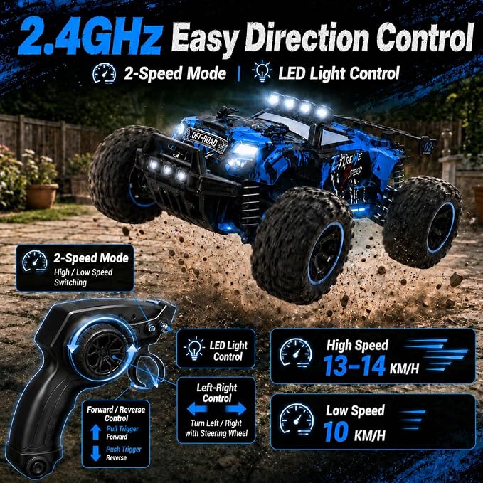 JoyRapt Remote Control RC Cars, 2.4GHz 1:18 2-Speed RC Car with LED Lights, 2WD Remote Control Truck Gifts for Beginner Boys Girls, Toy Car Birthday Christmas Easter Stuffer Gifts for Beginner Kids