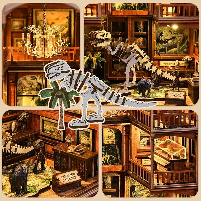 Book Nook 3D Wooden Puzzle Mini Building Kit DIY Dollhouse Diorama, Miniature Bookshelf Decor Unique Gift for Family and Friends - Fossil Museum