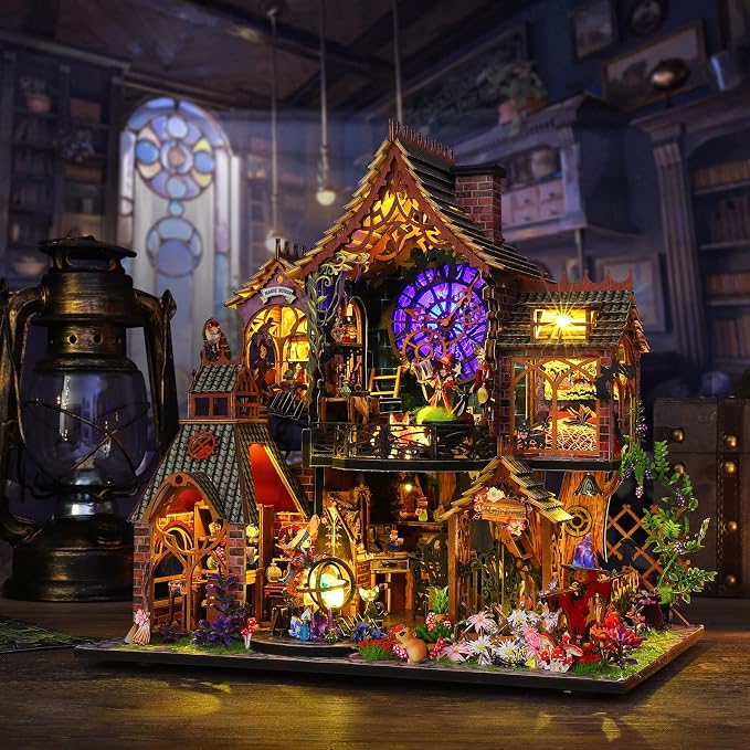 Plustopoy DIY Miniature House Kit,Tiny House Model Kit Dollhouse with Light & Tools, DIY Wooden Dollhouse Miniature Kit for Adults and Teens, Creative Craft Magic House Kit, Home Decor(Magic Spirit)