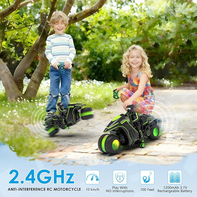Remote Control Motorcycle, 2026 New Edition with RGB Color-Changing Wheels and Exclusive Sideways Glide, Ready-to-Play with 2 Batteries, 2.4GHz RC Stunt Bike Gift for Kids Boys Girls 5-12