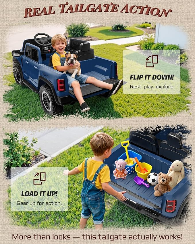 First Ride On 24V Ride On Toys for Big Kids, RAM 1500 RHO 2 Seater Ride on Car w/Remote, Battery Powered Truck w/ 4 Wheels Suspension, Toddler Car w/Bluetooth, LED Lights, Trunk & High Doors