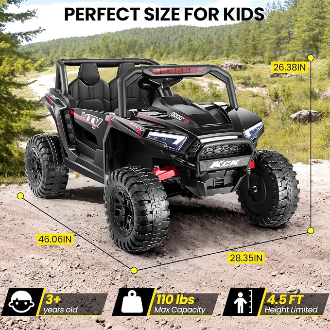 Hikole 24Volt Ride on Toys for Big Kids 2 Seater, 4WD UTV Kids, Ride On Cars for Boys&Girls with Parent Remote, Shock Absorption, Wide Seat for 2 Persons, Dashboard/Music/Horn/Bluetooth/LED, Black