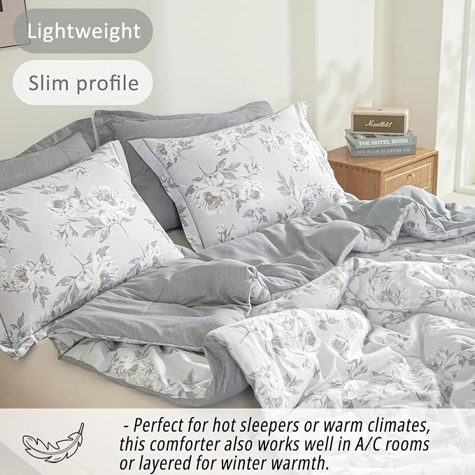 LEMIROE Floral Cotton Comforter King Size - Light Grey Comforter Printed with Vintage Ivory Flowers & Dark Yellow Stamens,Reversible Lightweight Bedding Sets 3Pcs(104"×90")