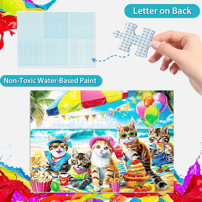 Puzzles for Kids Ages 4-8 6-8 8-10 Year Old and Seniors - Funny Cats Puzzle Beach Kitten Jigsaw Puzzles, 100 Piece Puzzle for Toddler Children Learning Educational Puzzles Toys for Boys and Girls