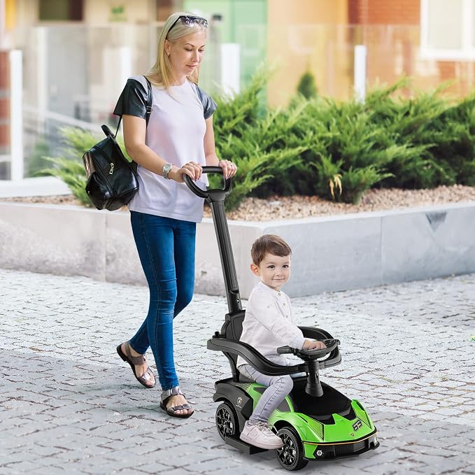 Costzon Push Cars for Toddlers, 3 in 1 Licensed Lamborghini Stroller Sliding Walking Car w/Handle, Armrest Guardrail, Underneath Storage, Horn, Foot-to-Floor Ride On Toy for Boys Girls (Green)