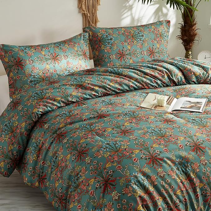 LifeTB Queen Comforter Set Vintage Floral Boho Comforter for Queen Bed Aesthetic Floral Bedding Comforter with 2 Pillowcases Flower Leaves Boho Bedding Sets Farmhouse Botanical Flower Comforter Set